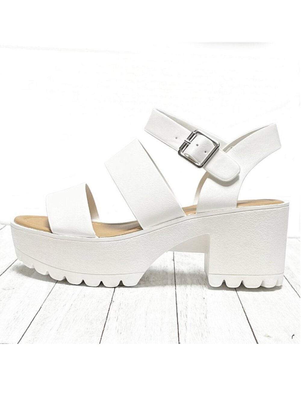 White Platform Block Heel Sandals - Women's Strappy Buckle Sandals